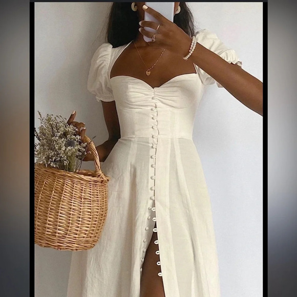 House of CB 'Ellery' Linen Puff Sleeve Sundress midi white NWOT M - Picture 1 of 16